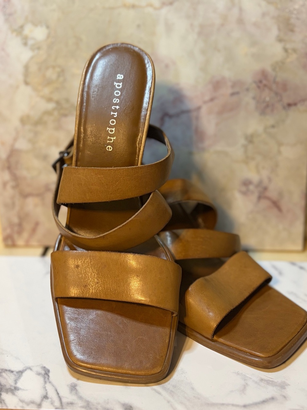 Apostrophe Cognac Brown Leather Strappy Block Heel Sandals